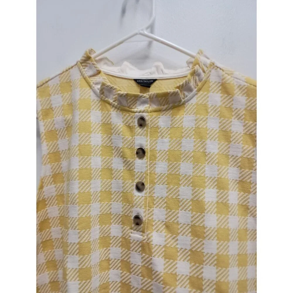 Ann Taylor Womens Preppy Top Size XL White Yellow‎ Plaid Ruffle Neck Sleeveless